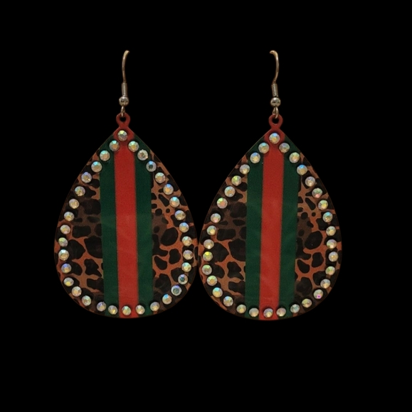 Leopard And Stripe Metal Teardrop Earrings New - Picture 3 of 3